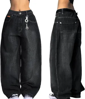 EMMIOL Women Hip Hop Baggy Jeans Wide Leg Mid-Low Waist Jeans Loose Boyfriends Jeans 90s Vintage Denim Pants