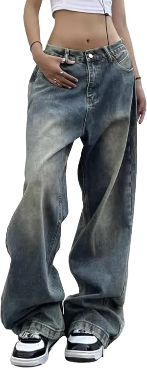 EMMIOL Women Wide Leg Jeans Mid-Low Waist Baggy Jeans Loose Boyfriends Jeans Y2K 90s Denim Pants