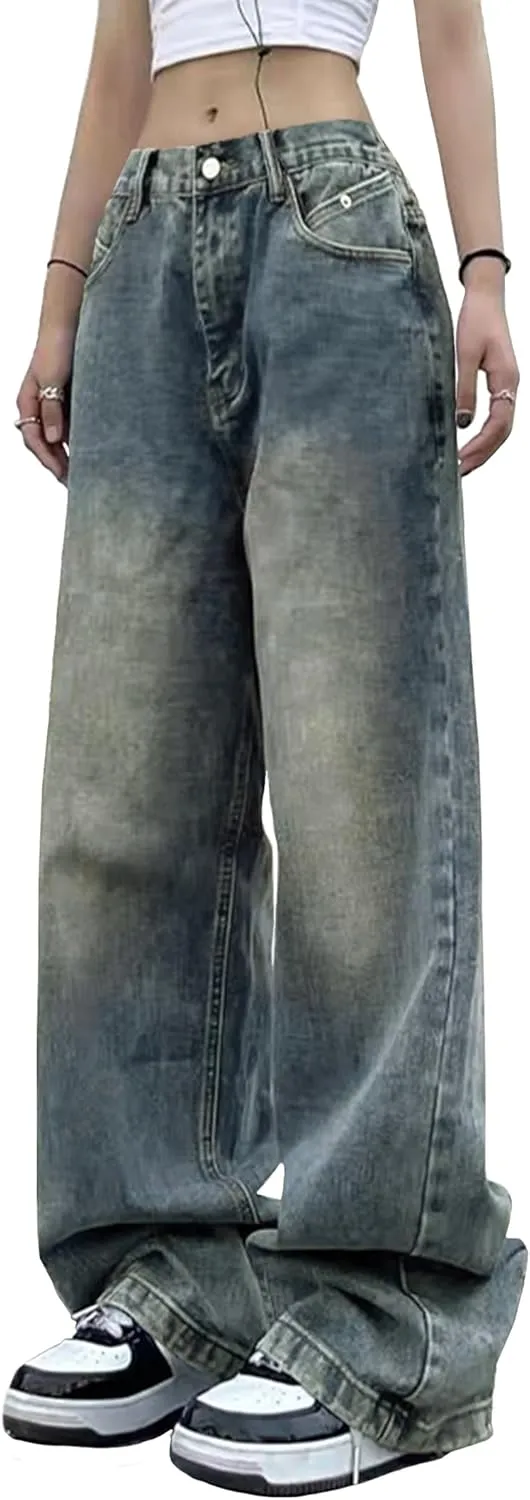 EMMIOL Women Wide Leg Jeans Mid-Low Waist Baggy Jeans Loose Boyfriends Jeans Y2K 90s Denim Pants