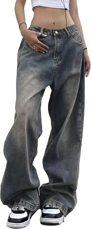 EMMIOL Women Wide Leg Jeans Mid-Low Waist Baggy Jeans Loose Boyfriends Jeans Y2K 90s Denim Pants