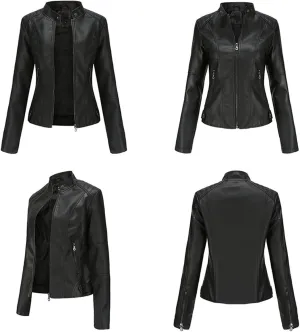 Faux Leather Jacket Women Slim Fit Full Zip Jacket Y2k Motorcycle Moto Biker Outwear Coat Stand-Up Style Solid Jacket