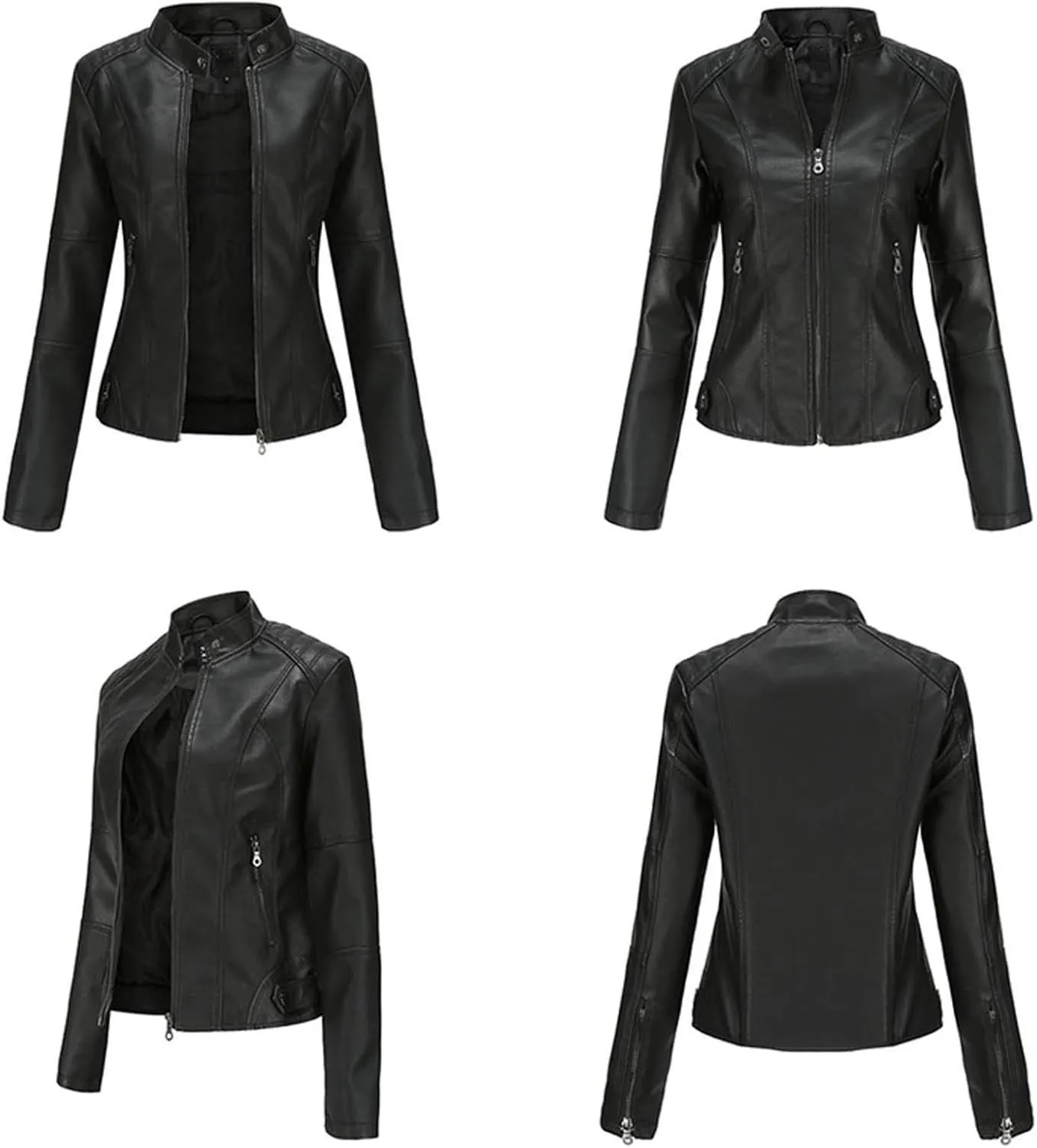 Faux Leather Jacket Women Slim Fit Full Zip Jacket Y2k Motorcycle Moto Biker Outwear Coat Stand-Up Style Solid Jacket