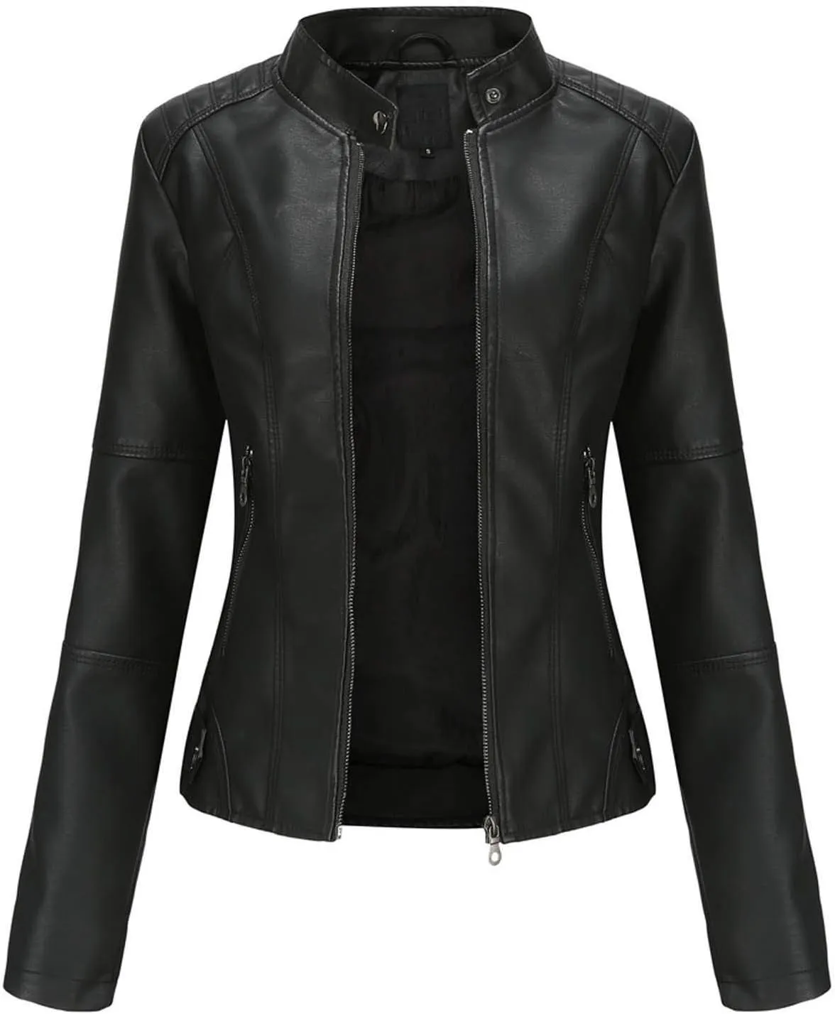 Faux Leather Jacket Women Slim Fit Full Zip Jacket Y2k Motorcycle Moto Biker Outwear Coat Stand-Up Style Solid Jacket