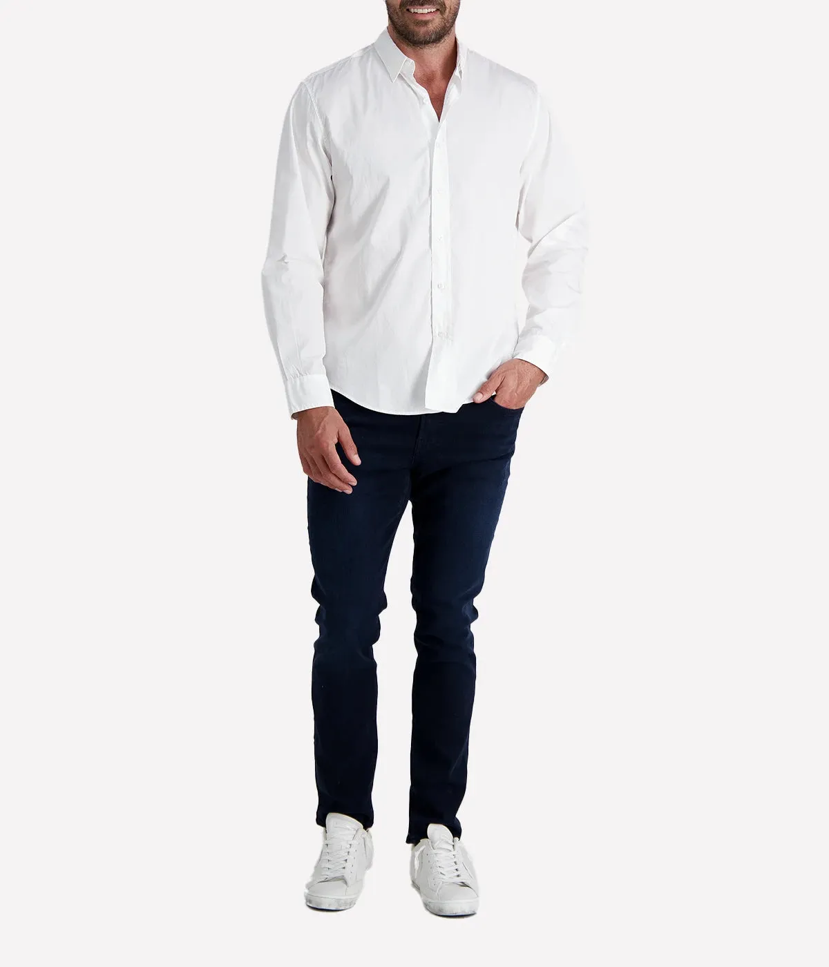 Finbar Woven Button Up Shirt in White Super Luxe