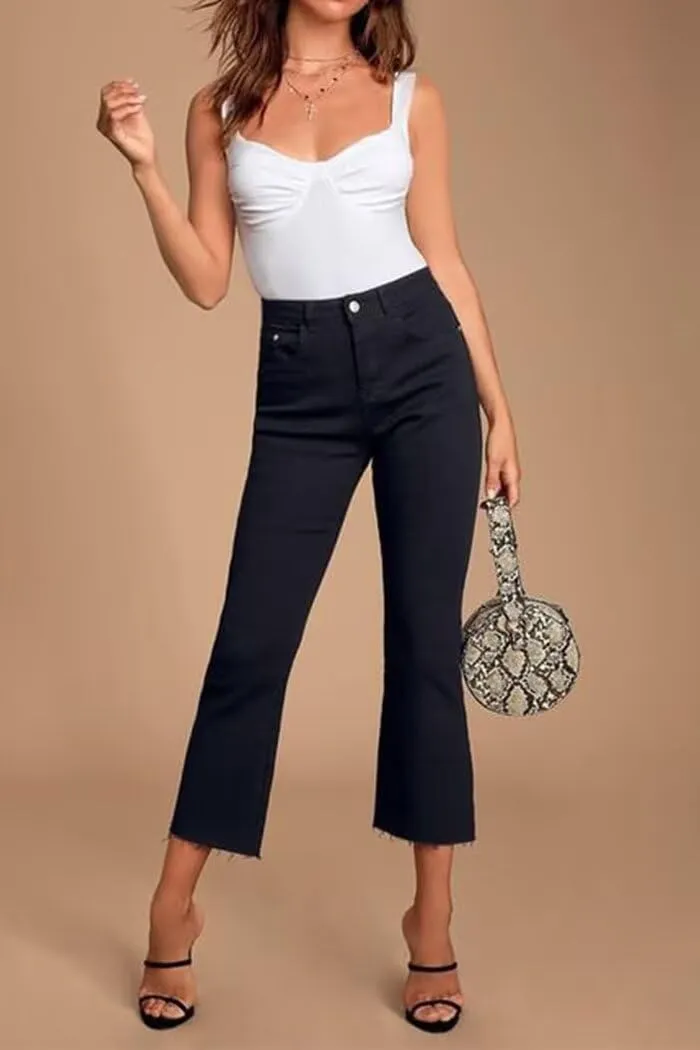 Flare Jeans for Women Cropped Stretchy Mid Rise Bell Bottom Jeans Womens Crop Flare Jeans with Raw Hem