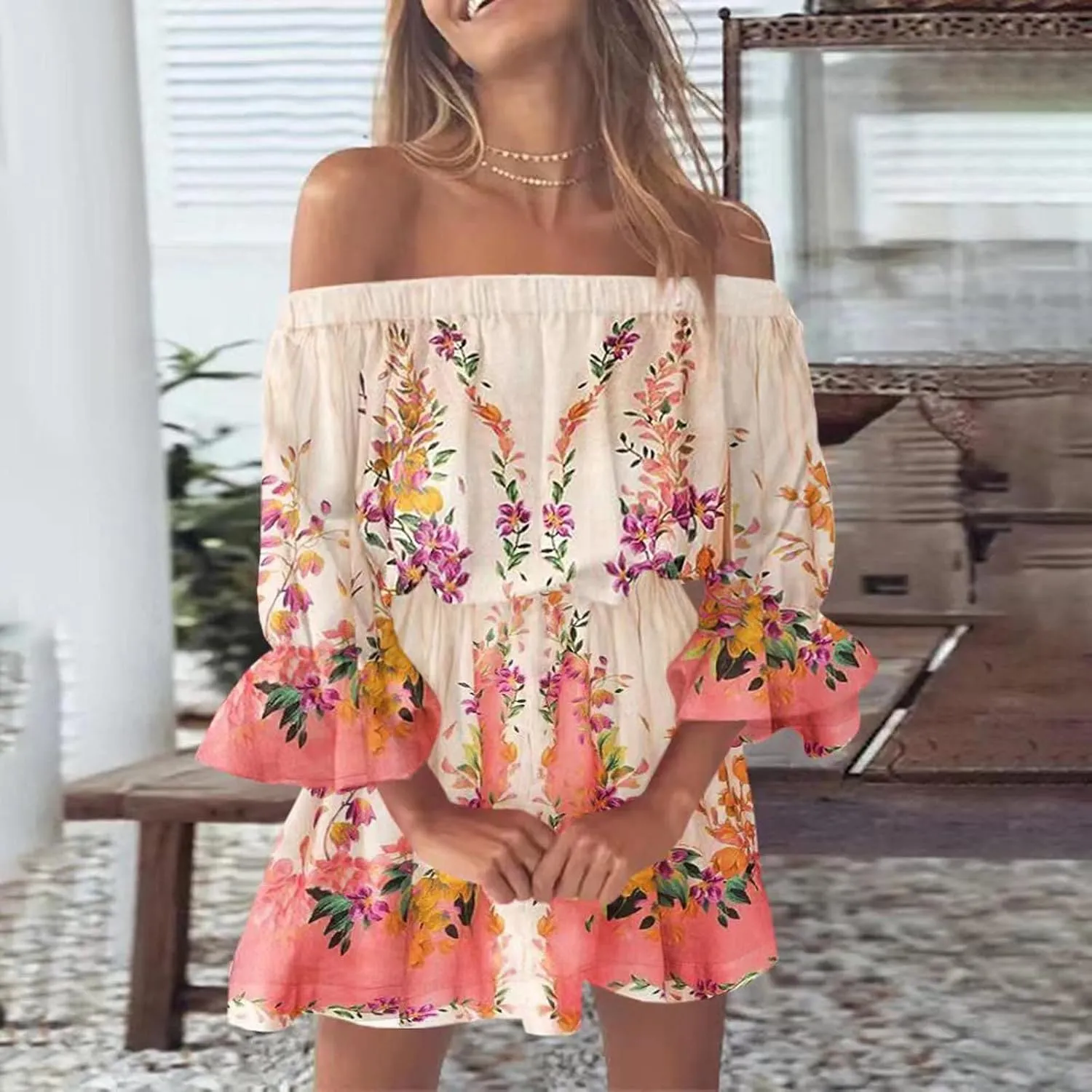 Floral Boho Mini Dresses for Women Sexy Off Shoulder Ruffle Short Dress 2025 Summer Corset Beach Sundresses