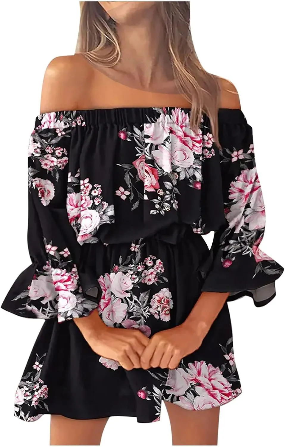 Floral Boho Mini Dresses for Women Sexy Off Shoulder Ruffle Short Dress 2025 Summer Corset Beach Sundresses