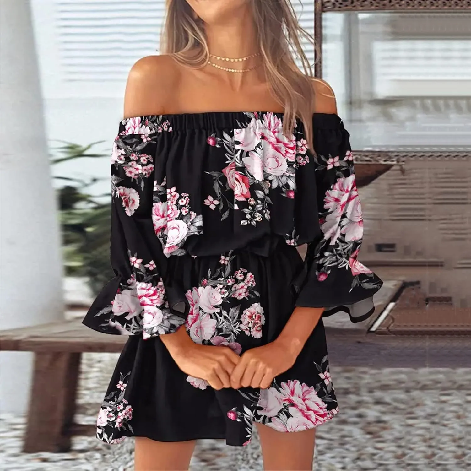 Floral Boho Mini Dresses for Women Sexy Off Shoulder Ruffle Short Dress 2025 Summer Corset Beach Sundresses