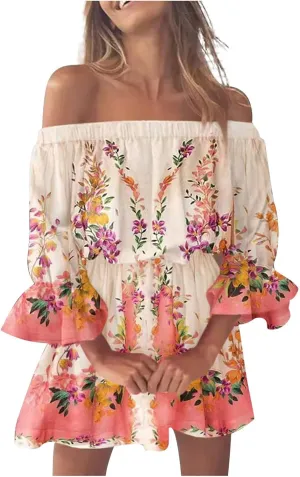 Floral Boho Mini Dresses for Women Sexy Off Shoulder Ruffle Short Dress 2025 Summer Corset Beach Sundresses