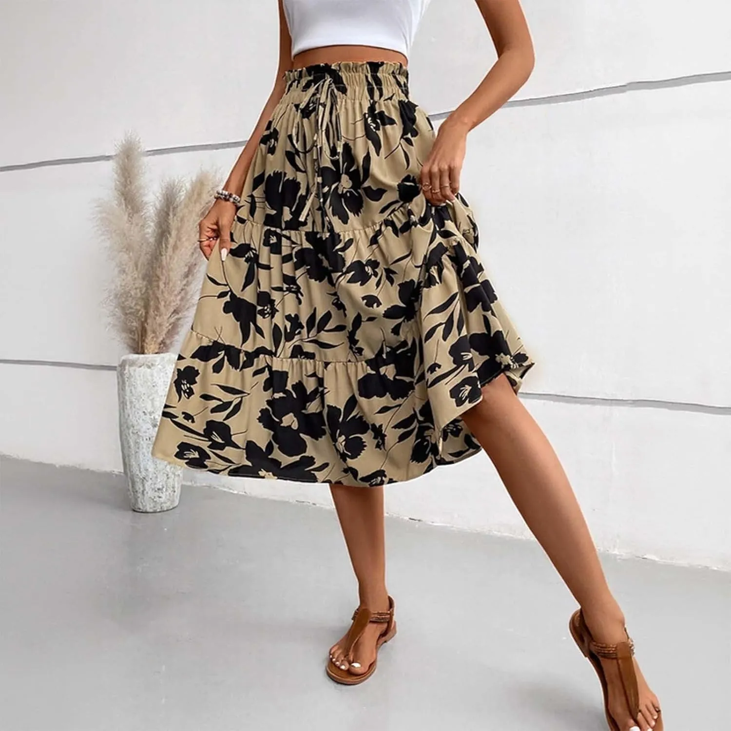 Floral Maxi Skirt for Women Summer Comfy Tiered Elastic High Waisted Skirts Vacation A-Line Flowy Swing Long Skirts