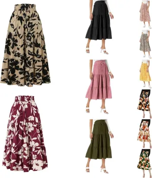 Floral Maxi Skirt for Women Summer Comfy Tiered Elastic High Waisted Skirts Vacation A-Line Flowy Swing Long Skirts