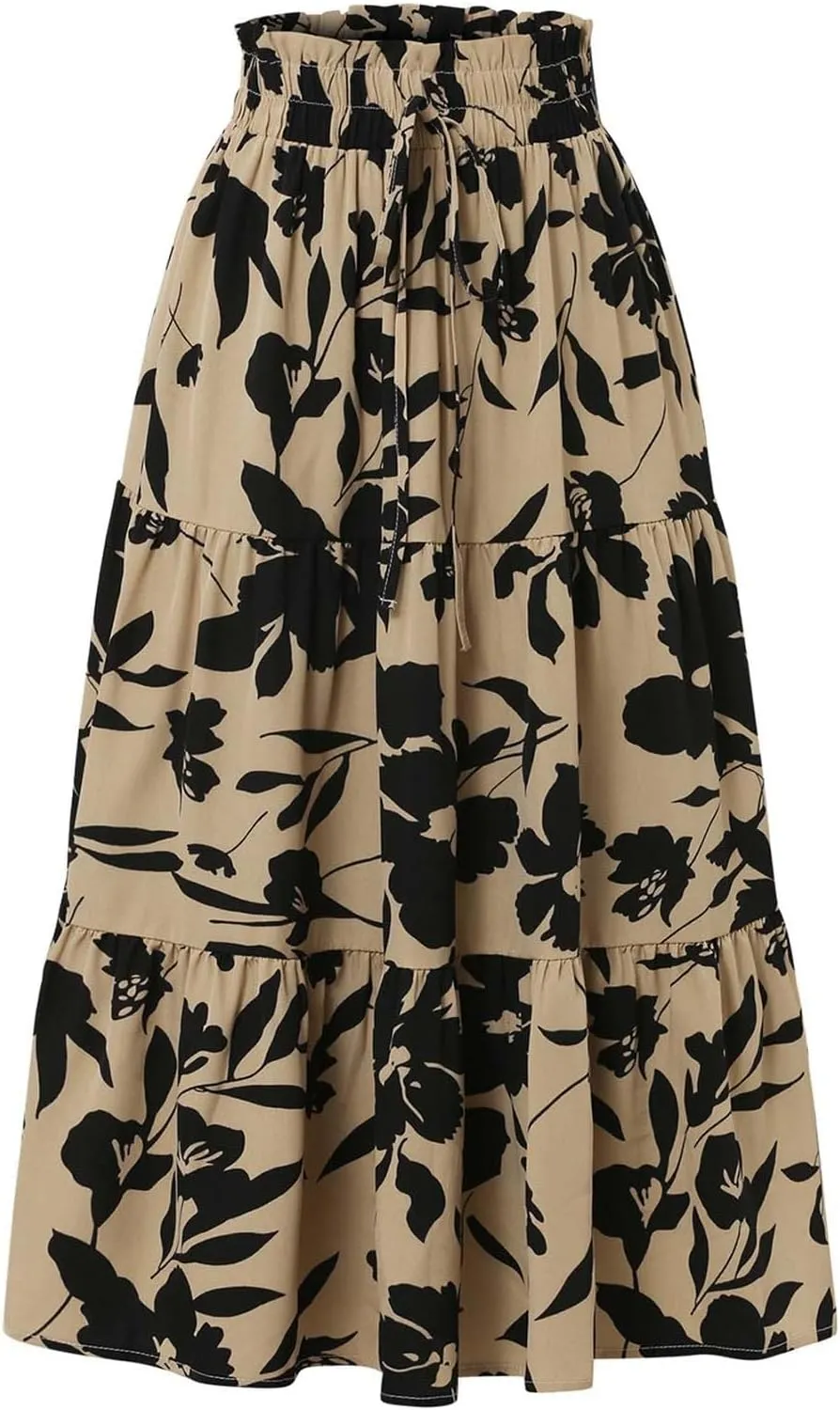 Floral Maxi Skirt for Women Summer Comfy Tiered Elastic High Waisted Skirts Vacation A-Line Flowy Swing Long Skirts
