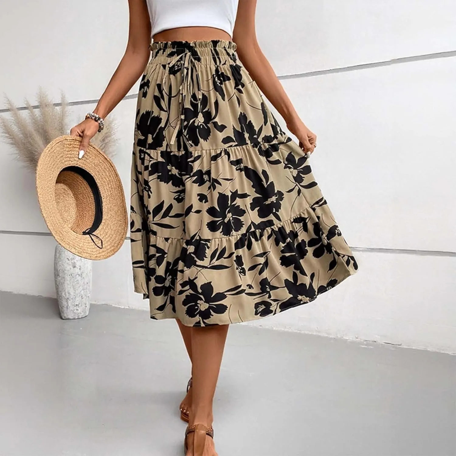 Floral Maxi Skirt for Women Summer Comfy Tiered Elastic High Waisted Skirts Vacation A-Line Flowy Swing Long Skirts