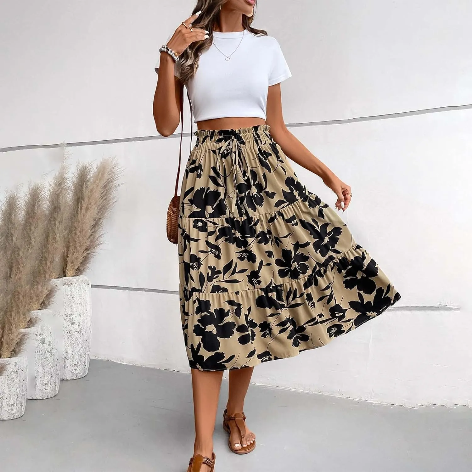 Floral Maxi Skirt for Women Summer Comfy Tiered Elastic High Waisted Skirts Vacation A-Line Flowy Swing Long Skirts