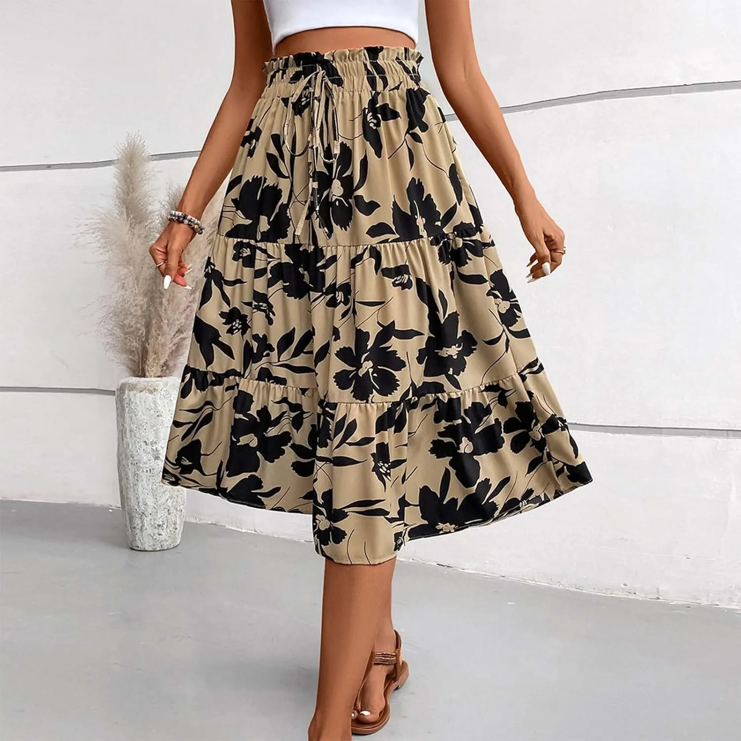 Floral Maxi Skirt for Women Summer Comfy Tiered Elastic High Waisted Skirts Vacation A-Line Flowy Swing Long Skirts