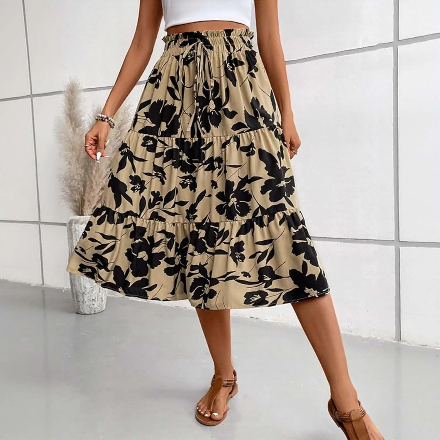 Floral Maxi Skirt for Women Summer Comfy Tiered Elastic High Waisted Skirts Vacation A-Line Flowy Swing Long Skirts