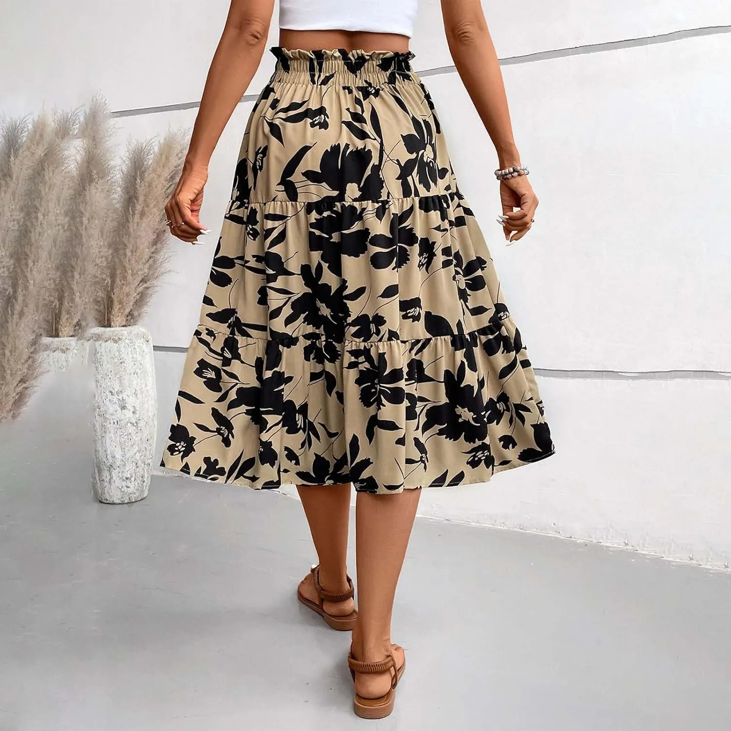 Floral Maxi Skirt for Women Summer Comfy Tiered Elastic High Waisted Skirts Vacation A-Line Flowy Swing Long Skirts