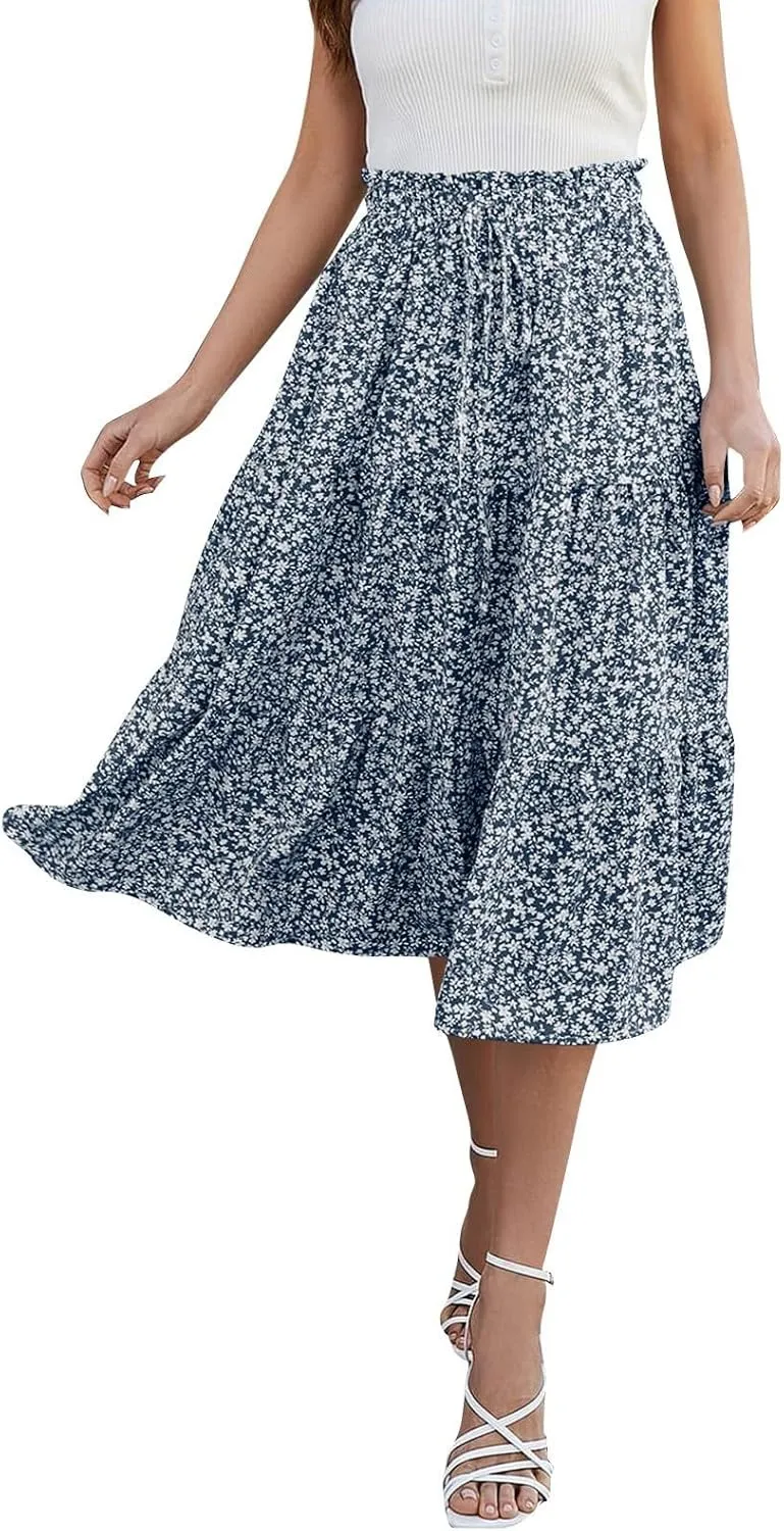 Floral Maxi Skirts for Women 2025 Summer Comfy Tiered Elastic High Waisted Vacation A-Line Flowy Swing Long Skirts
