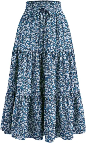 Floral Maxi Skirts for Women 2025 Summer Comfy Tiered Elastic High Waisted Vacation A-Line Flowy Swing Long Skirts