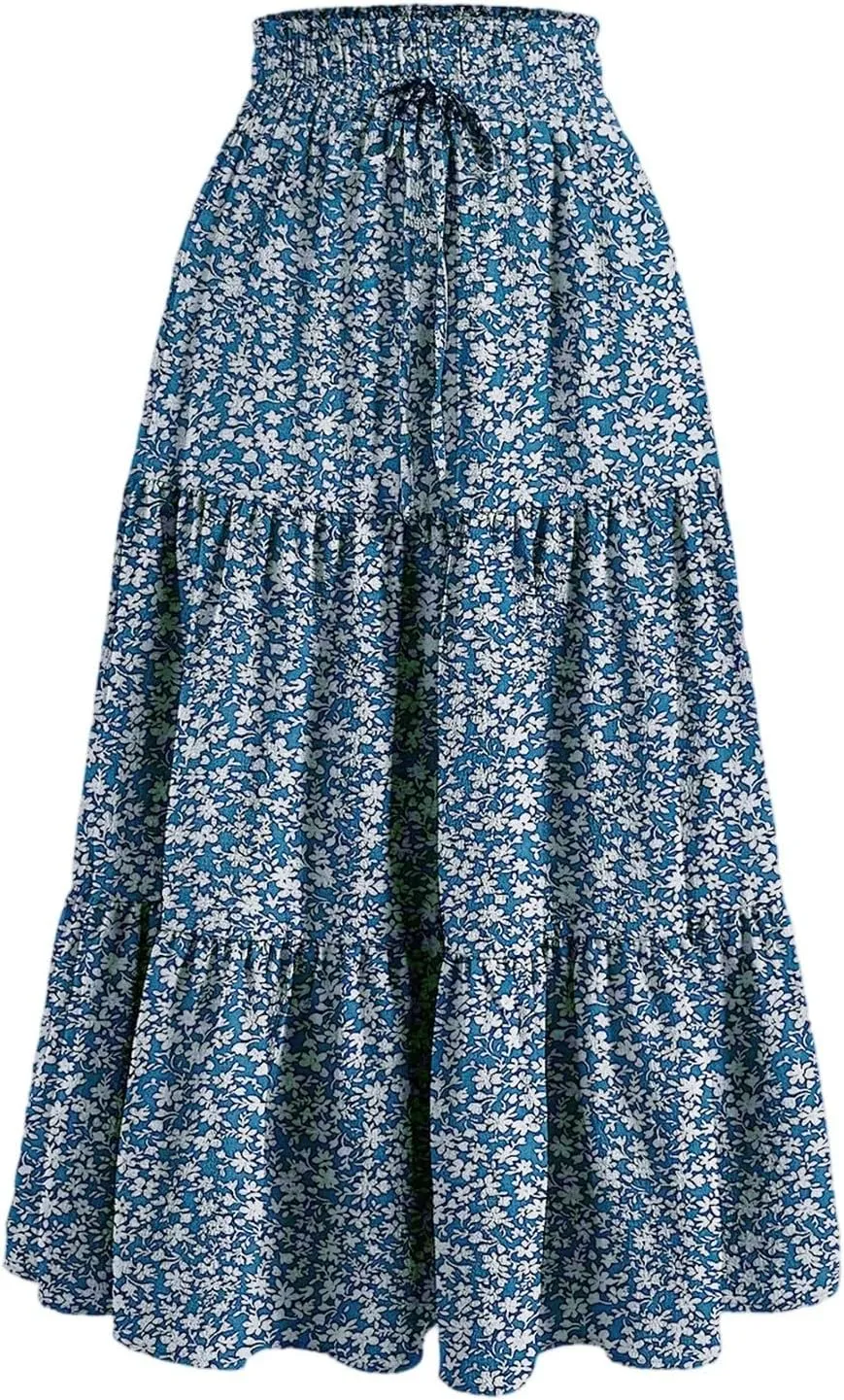 Floral Maxi Skirts for Women 2025 Summer Comfy Tiered Elastic High Waisted Vacation A-Line Flowy Swing Long Skirts