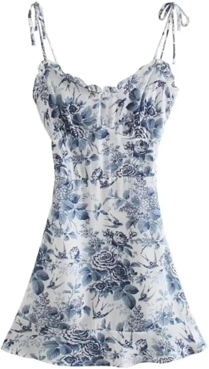 Floral Spaghetti Strap Mini Dress for Women Chiffon A-Line Slip Dress with Ruffles