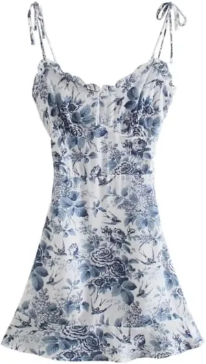 Floral Spaghetti Strap Mini Dress for Women Chiffon A-Line Slip Dress with Ruffles