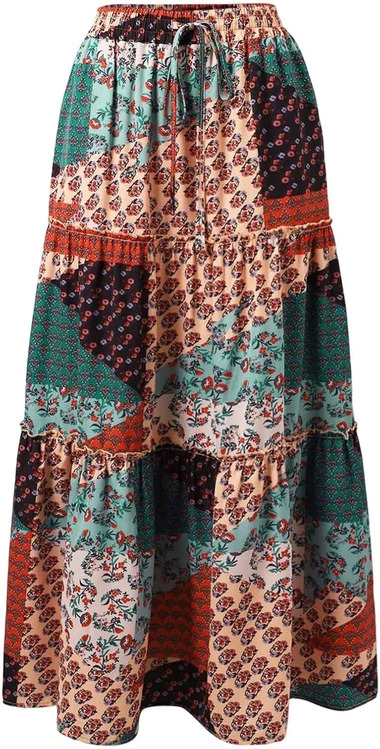 Flowy Hawaii Skirts for Women Boho Summer Vacation Elastic High Waist Pleated Maxi Skorts Ruffle Flowy Midi Skirts