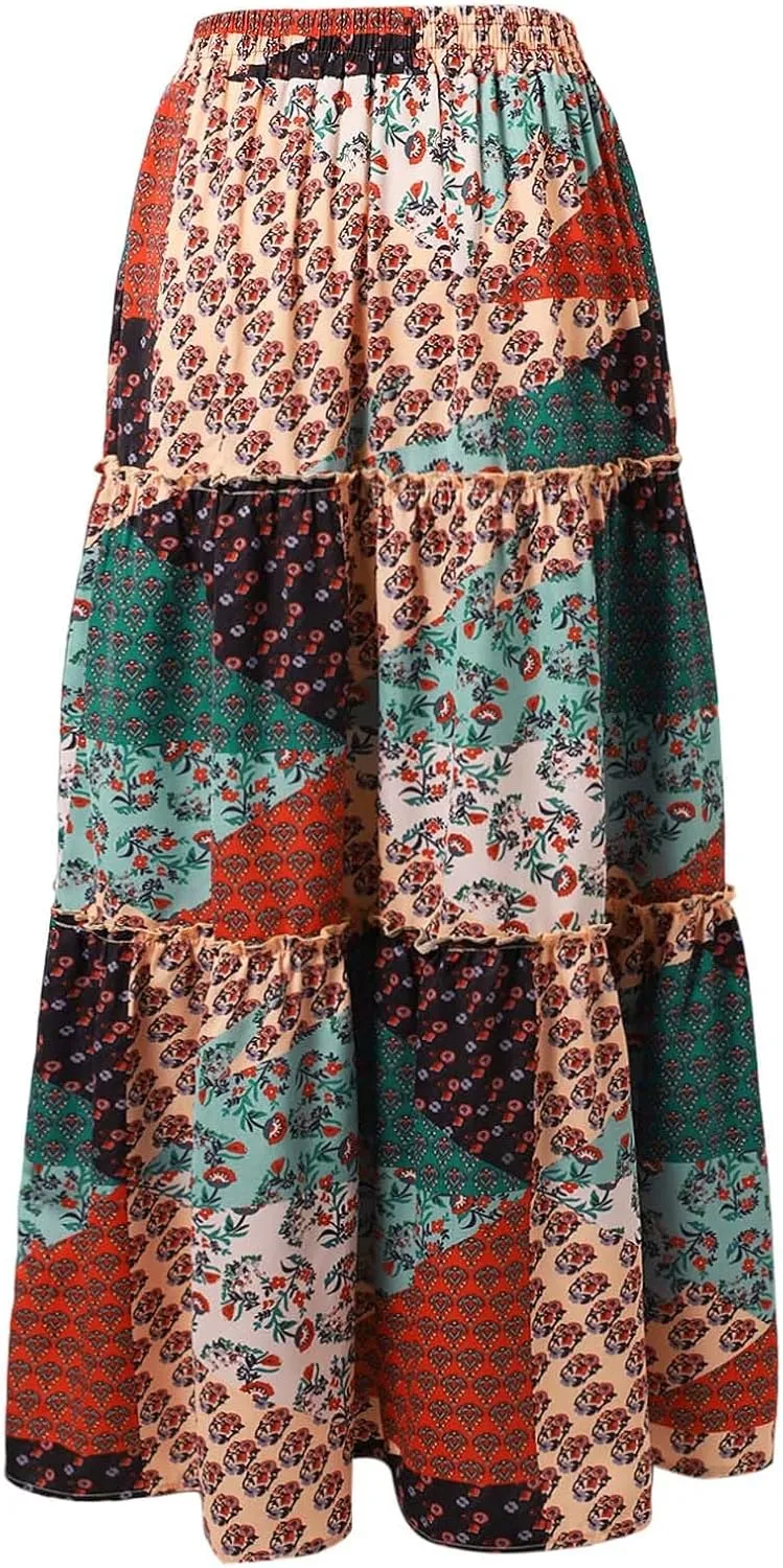 Flowy Hawaii Skirts for Women Boho Summer Vacation Elastic High Waist Pleated Maxi Skorts Ruffle Flowy Midi Skirts