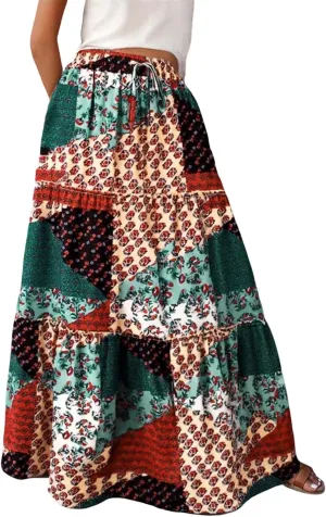 Flowy Hawaii Skirts for Women Boho Summer Vacation Elastic High Waist Pleated Maxi Skorts Ruffle Flowy Midi Skirts