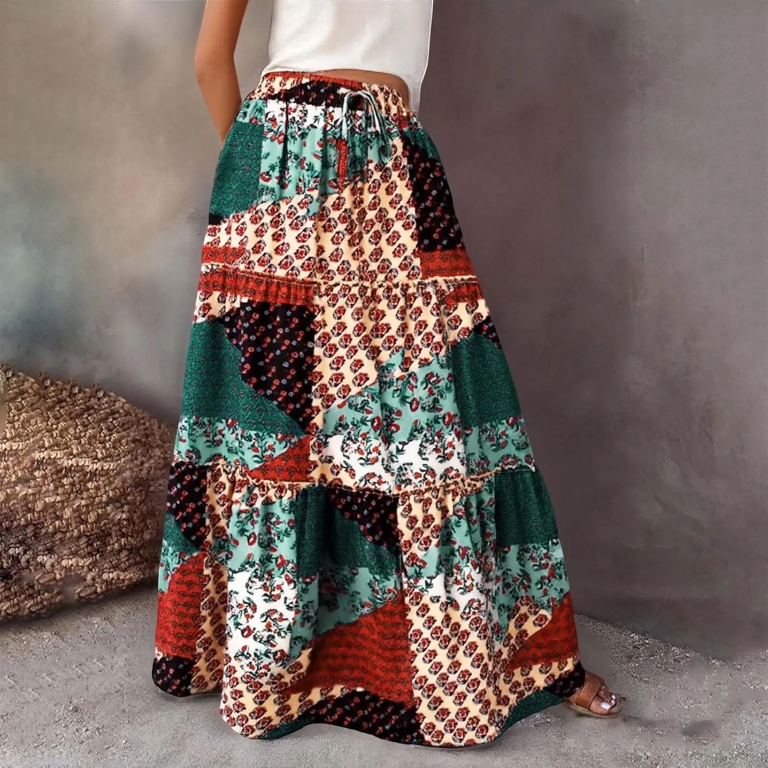 Flowy Hawaii Skirts for Women Boho Summer Vacation Elastic High Waist Pleated Maxi Skorts Ruffle Flowy Midi Skirts