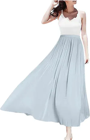 Flowy Midi Skirts for Women 2025 Summer Lightweight Elastic Waisted Swing A-Line Pleated Skirt