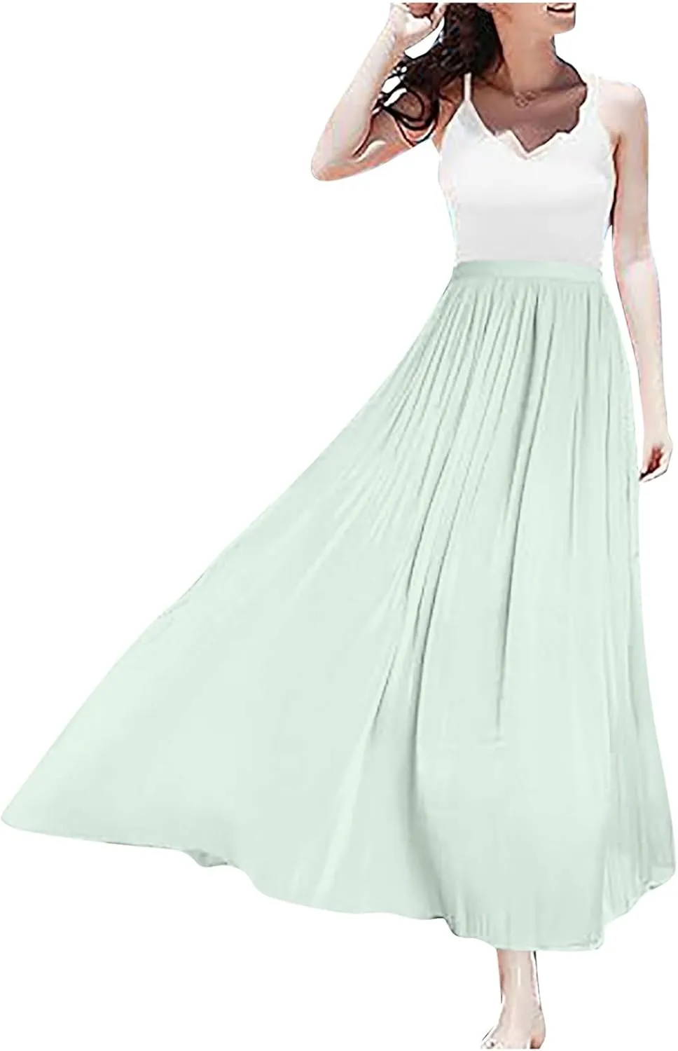 Flowy Midi Skirts for Women 2025 Summer Lightweight Elastic Waisted Swing A-Line Pleated Skirt
