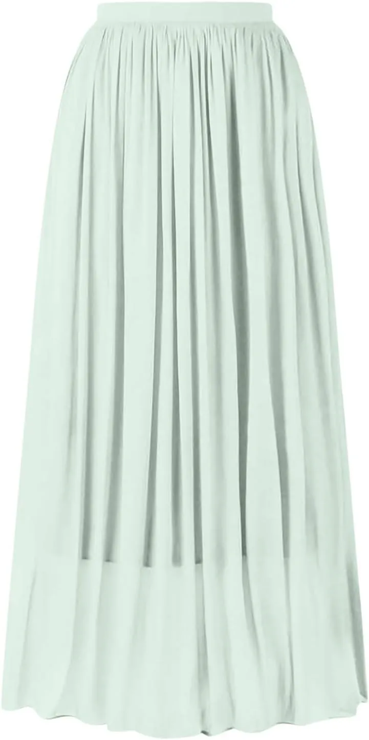 Flowy Midi Skirts for Women 2025 Summer Lightweight Elastic Waisted Swing A-Line Pleated Skirt