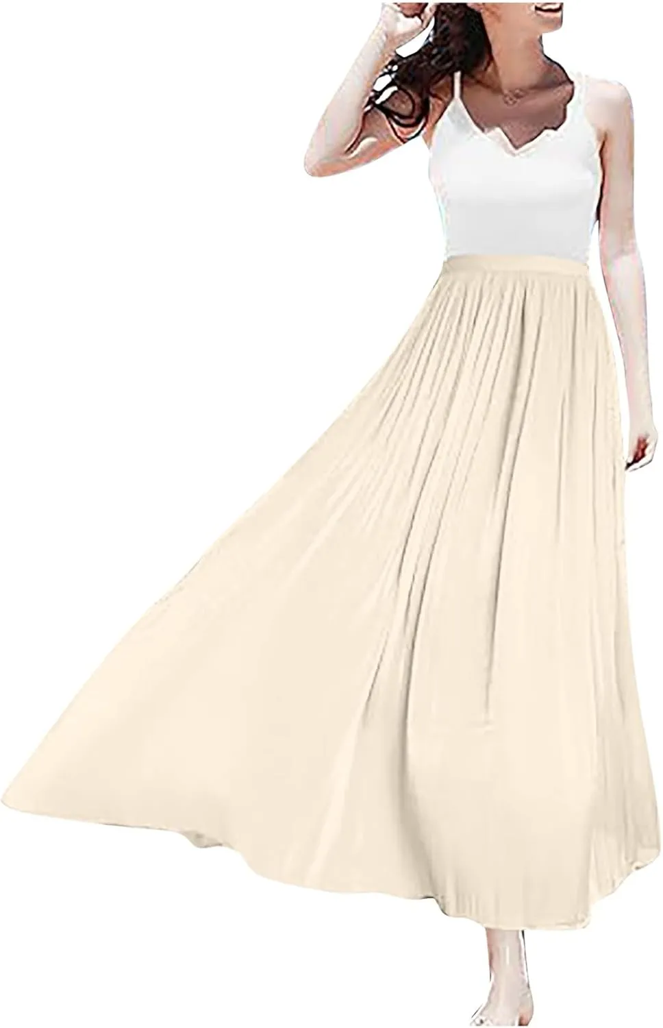 Flowy Midi Skirts for Women 2025 Summer Lightweight Elastic Waisted Swing A-Line Pleated Skirt