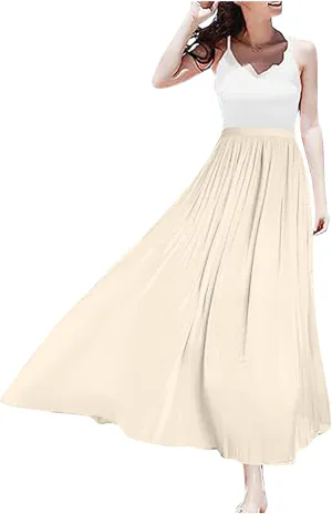 Flowy Midi Skirts for Women 2025 Summer Lightweight Elastic Waisted Swing A-Line Pleated Skirt