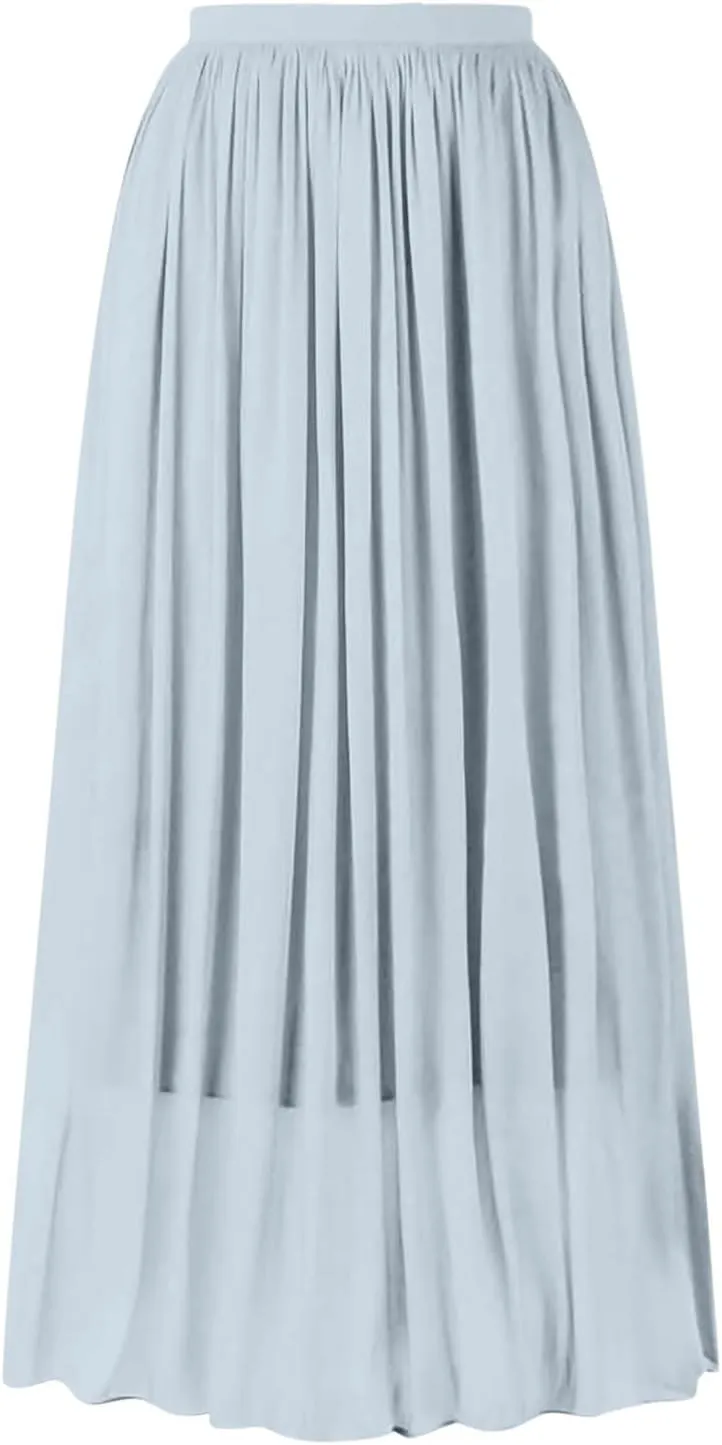 Flowy Midi Skirts for Women 2025 Summer Lightweight Elastic Waisted Swing A-Line Pleated Skirt