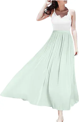 Flowy Midi Skirts for Women 2025 Summer Lightweight Elastic Waisted Swing A-Line Pleated Skirt