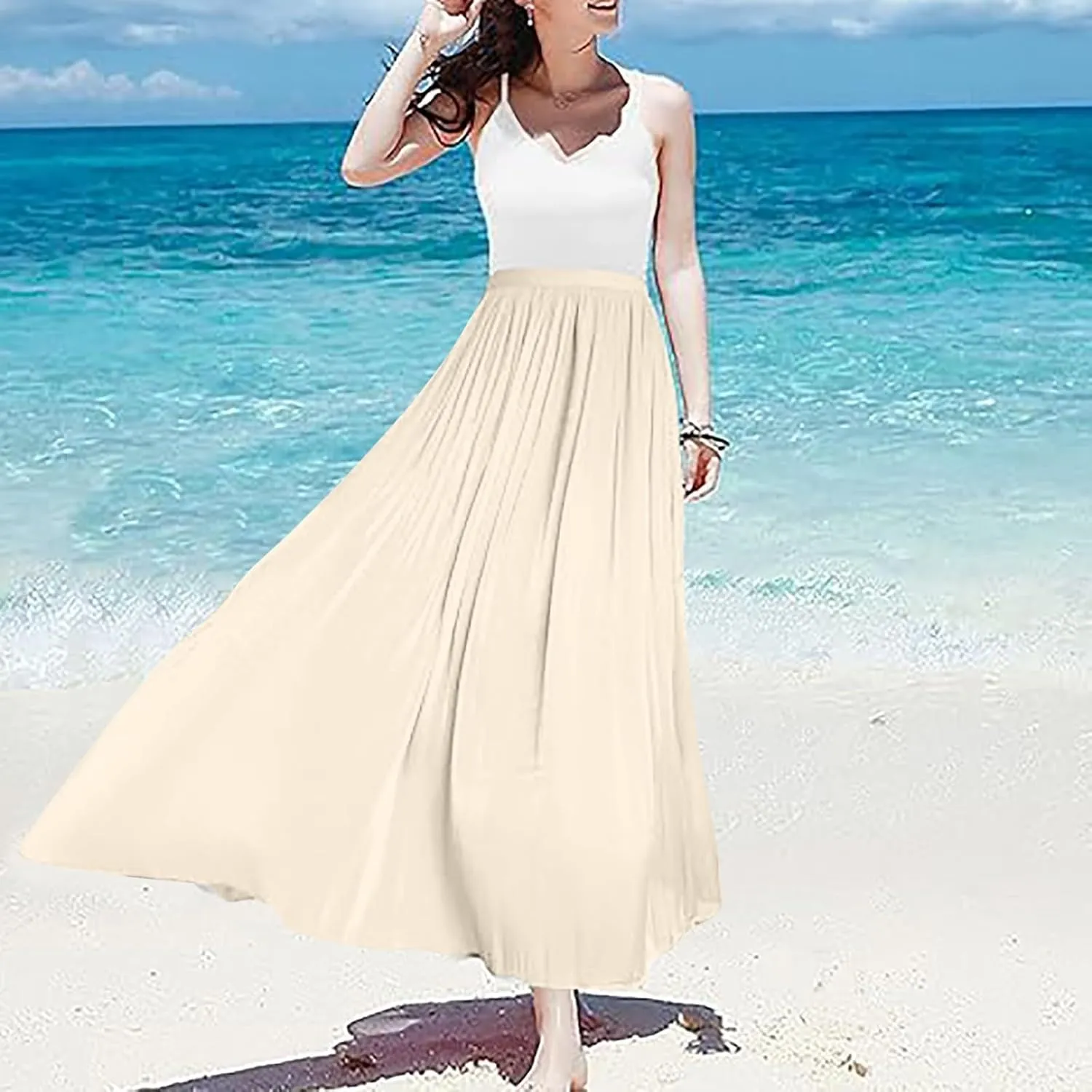 Flowy Midi Skirts for Women 2025 Summer Lightweight Elastic Waisted Swing A-Line Pleated Skirt