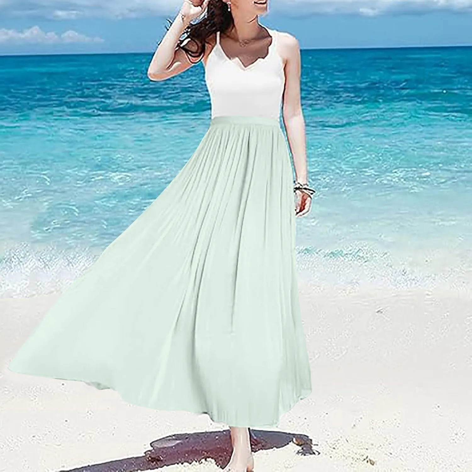 Flowy Midi Skirts for Women 2025 Summer Lightweight Elastic Waisted Swing A-Line Pleated Skirt
