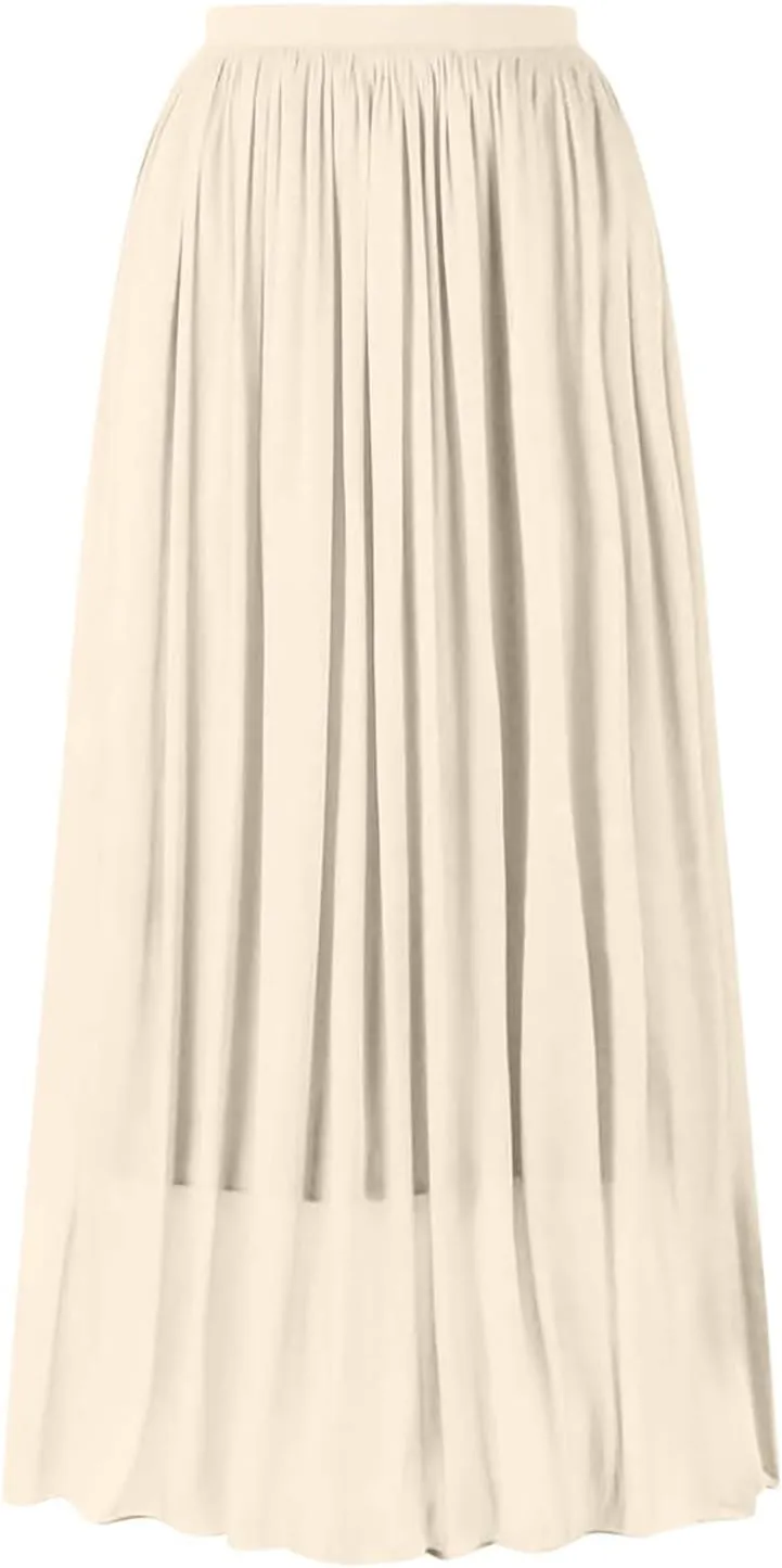 Flowy Midi Skirts for Women 2025 Summer Lightweight Elastic Waisted Swing A-Line Pleated Skirt
