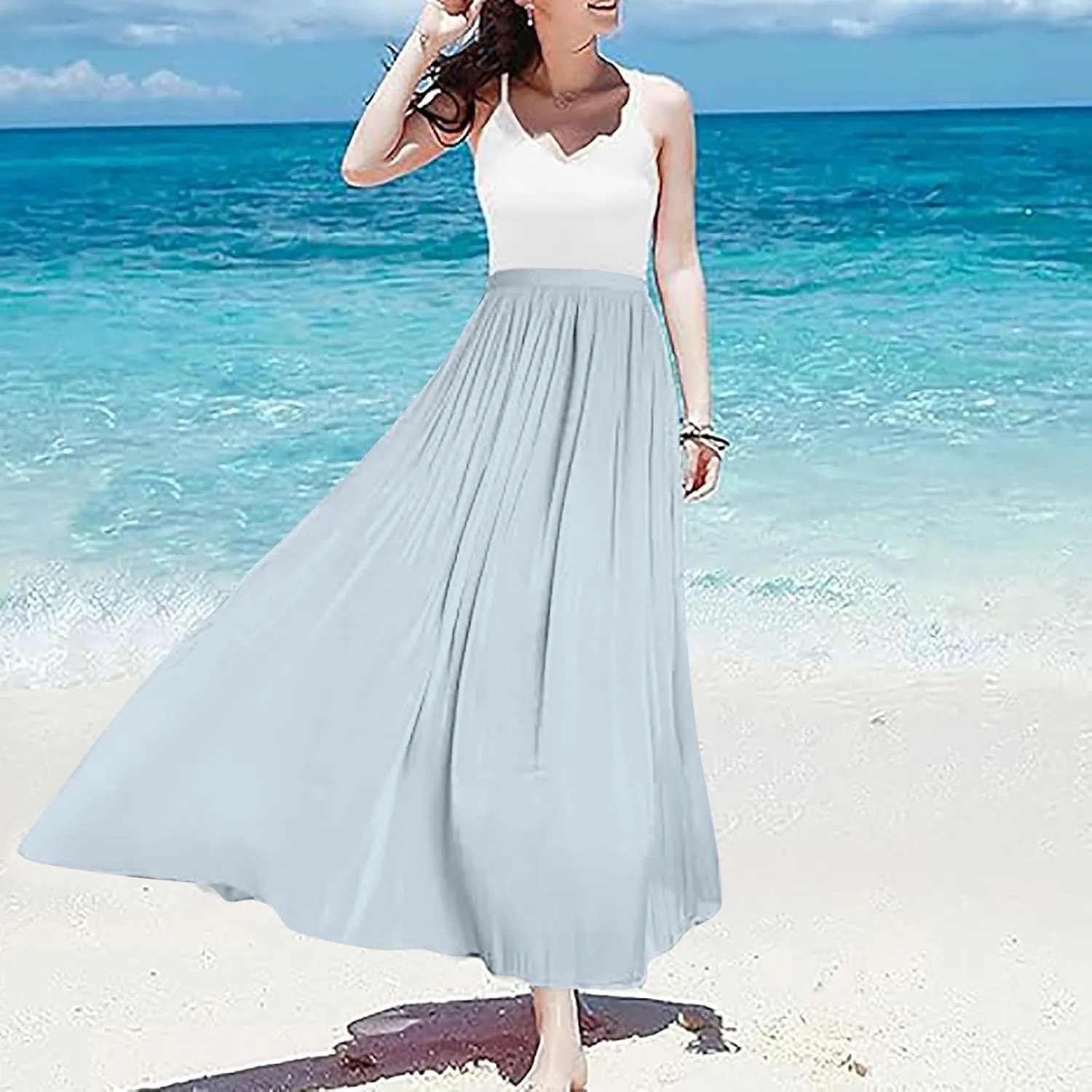Flowy Midi Skirts for Women 2025 Summer Lightweight Elastic Waisted Swing A-Line Pleated Skirt