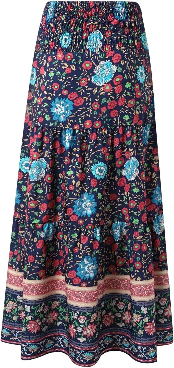 Flowy Skirts for Women Boho Summer Casual Floral Maxi Skirt Cute Tiered Vacation High Waisted A Line Long Skirts Trendy