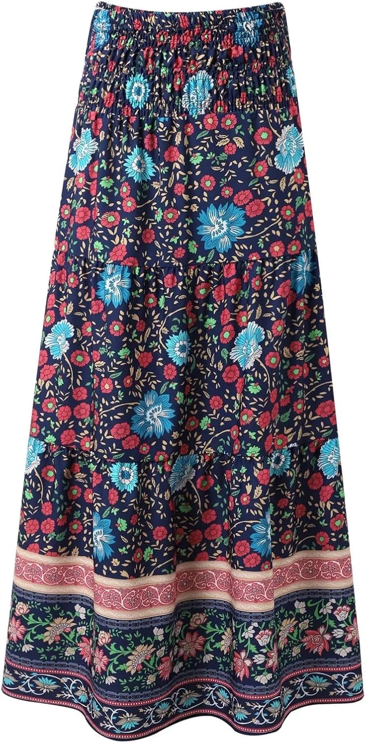 Flowy Skirts for Women Boho Summer Casual Floral Maxi Skirt Cute Tiered Vacation High Waisted A Line Long Skirts Trendy