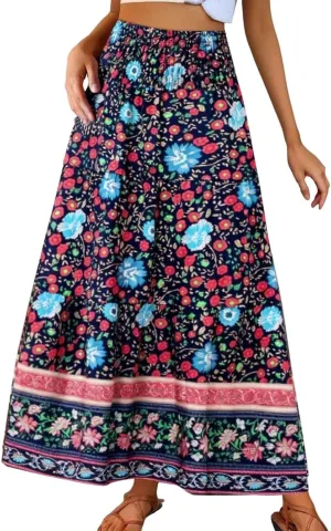 Flowy Skirts for Women Boho Summer Casual Floral Maxi Skirt Cute Tiered Vacation High Waisted A Line Long Skirts Trendy