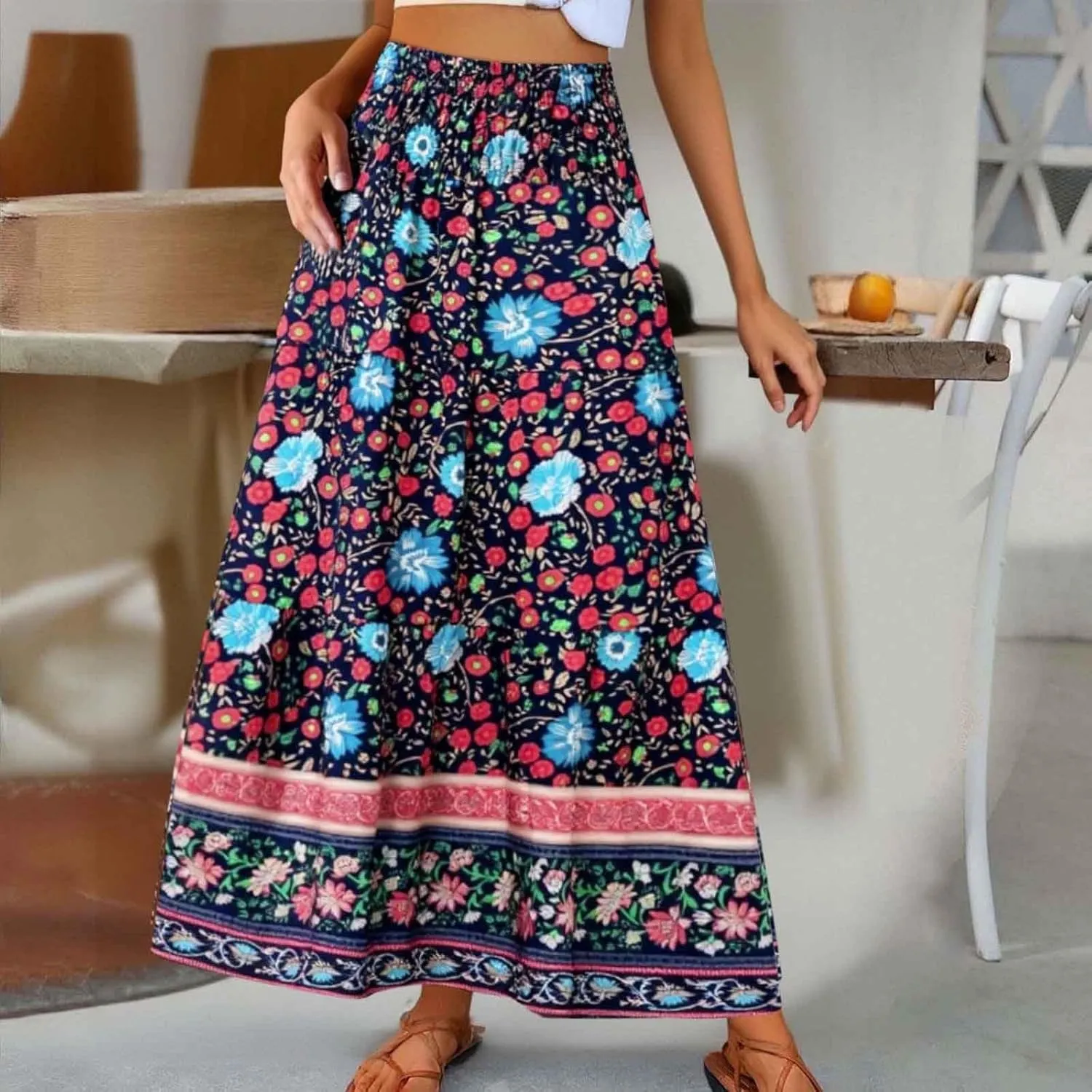 Flowy Skirts for Women Boho Summer Casual Floral Maxi Skirt Cute Tiered Vacation High Waisted A Line Long Skirts Trendy