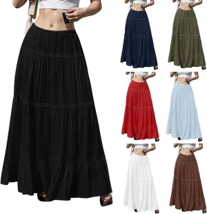 Flowy Tiered Maxi Skirts for Women Trendy Summer Boho Long Skirts Elastic Drawstring Waist Pleated Swing A Line Skirt