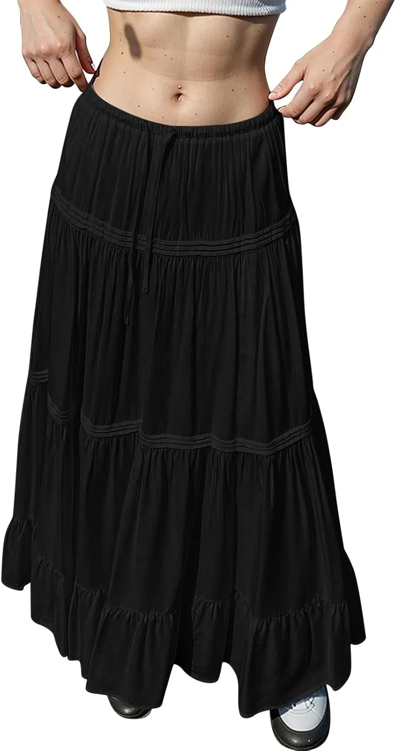 Flowy Tiered Maxi Skirts for Women Trendy Summer Boho Long Skirts Elastic Drawstring Waist Pleated Swing A Line Skirt