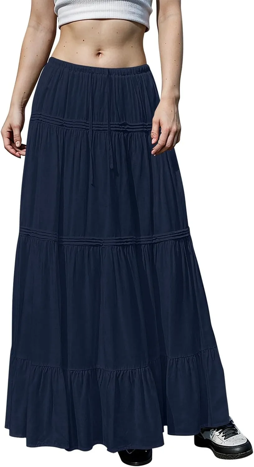 Flowy Tiered Maxi Skirts for Women Trendy Summer Boho Long Skirts Elastic Drawstring Waist Pleated Swing A Line Skirt