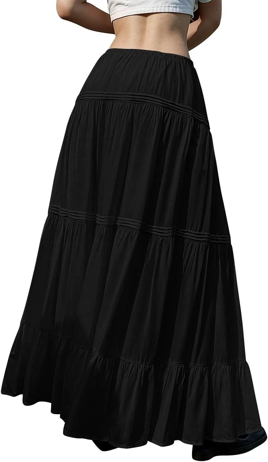 Flowy Tiered Maxi Skirts for Women Trendy Summer Boho Long Skirts Elastic Drawstring Waist Pleated Swing A Line Skirt
