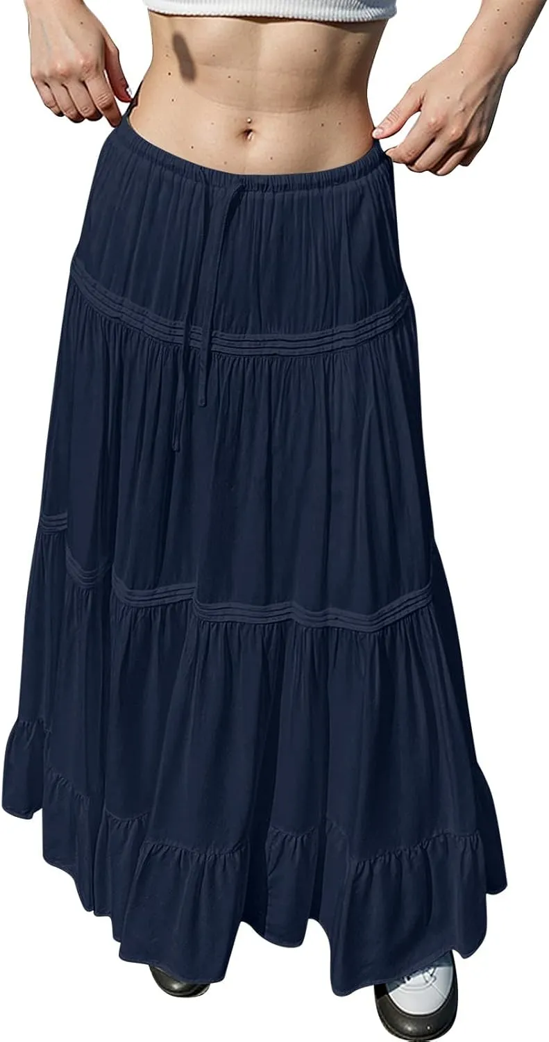 Flowy Tiered Maxi Skirts for Women Trendy Summer Boho Long Skirts Elastic Drawstring Waist Pleated Swing A Line Skirt